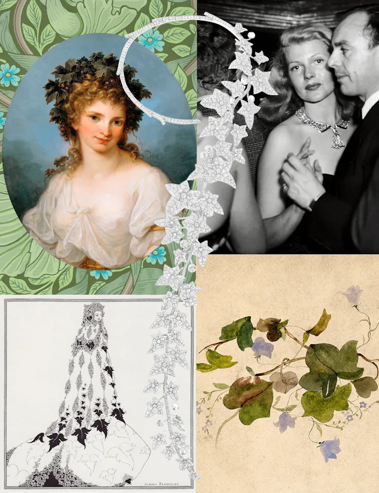 Boucheron Untamed necklace surrounded by archival images.