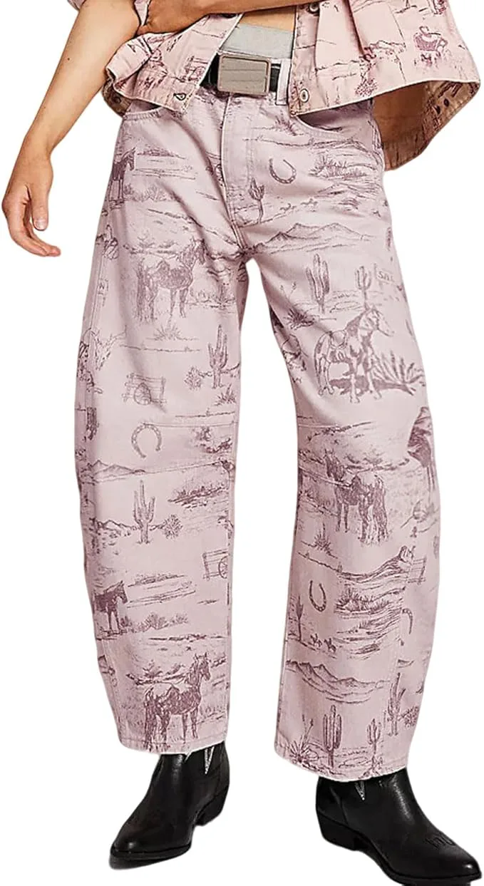 loveimgs Western Print Barrel Jeans 