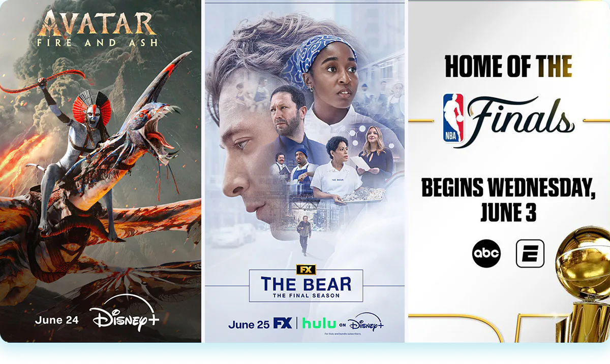 A collage of three promotional posters for Avatar Fire and Ash, The Bear, and the NBA Finals.