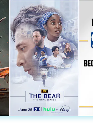 A collage of three promotional posters for Avatar Fire and Ash, The Bear, and the NBA Finals.