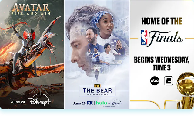 A collage of three promotional posters for Avatar Fire and Ash, The Bear, and the NBA Finals.