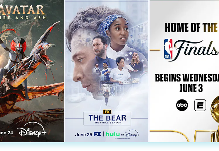 A collage of three promotional posters for Avatar Fire and Ash, The Bear, and the NBA Finals.