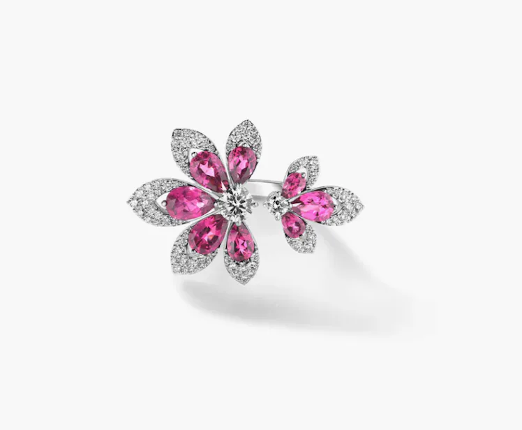 TIARE' PAVÉ DIAMOND AND RUBELLITE FLOWER RING