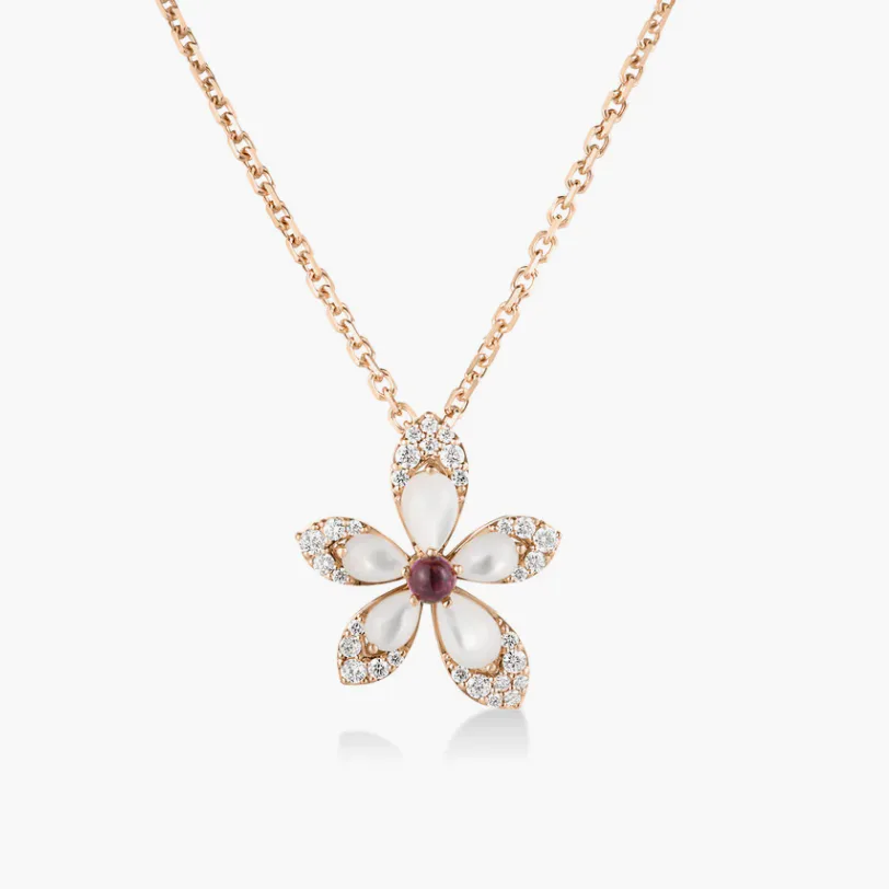 TIARE' DIAMOND, RUBELLITE, AND MOTHER OF PEARL FLOWER NECKLACE