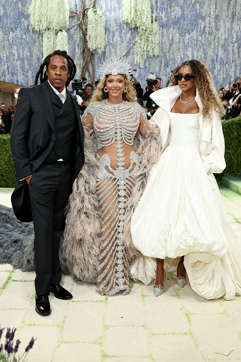 ay-Z, Beyoncé and Blue Ivy Carter attend the 2026 Met Gala celebrating "Costume Art" at the Metropol...