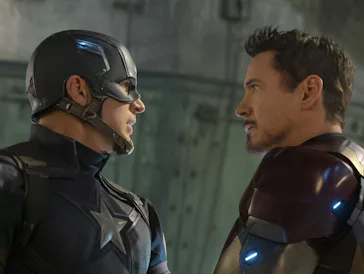 Steve Rogers/Captain America (Chris Evans) and Tony Stark/Iron Man (Robert Downey Jr.) in Captain Am...