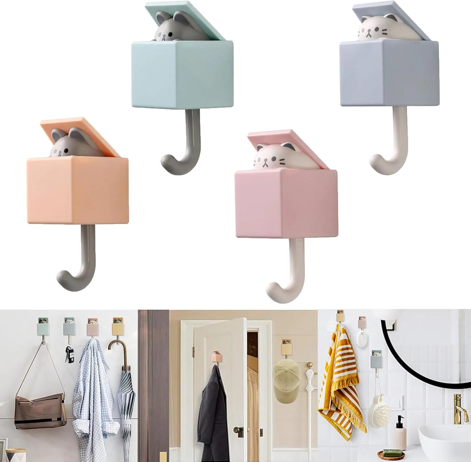 FUZSKWID Adhesive Cat Towel Hooks (4-Pack)