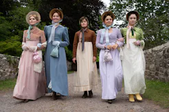 Ella Bruccoleri and her on-screen sisters in The Other Bennet Sister. Photo via BritBox
