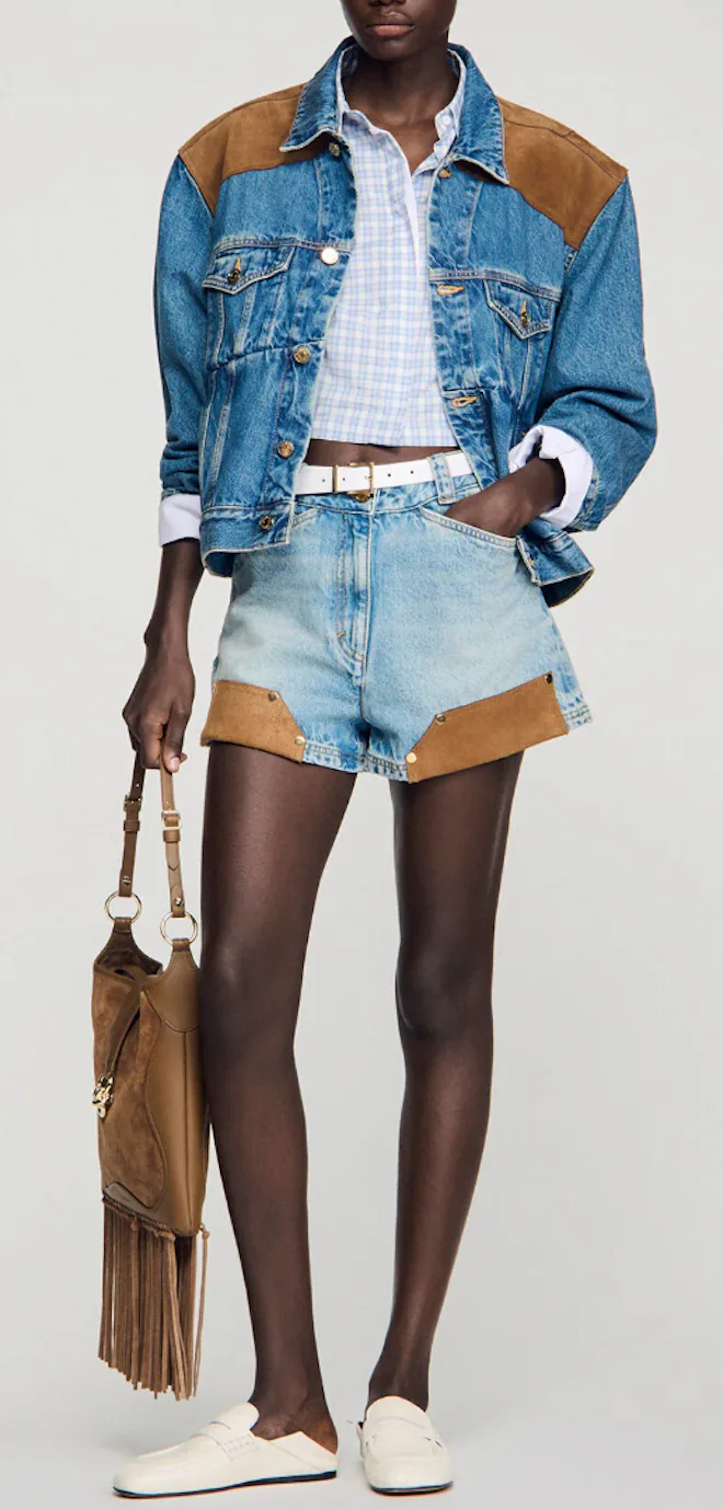 Riveted denim and suede shorts