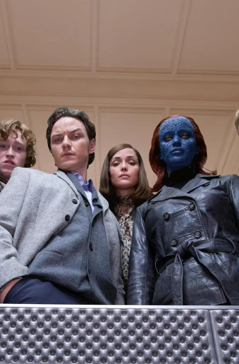 Michael Fassbender, Caleb Landry Jones, James McAvoy, Rose Byrne, Jennifer Lawrence, and Lucas Till ...