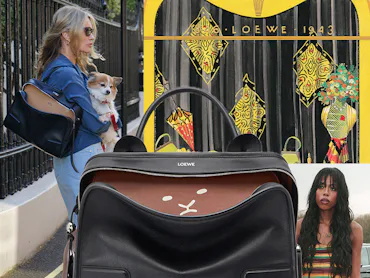 Clockwise from top: Kate Moss with her Amazona bag; illustration from the Loewe archive; True Whitak...