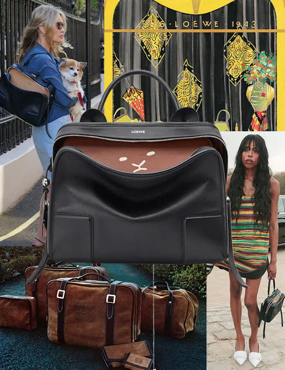 Clockwise from top: Kate Moss with her Amazona bag; illustration from the Loewe archive; True Whitak...