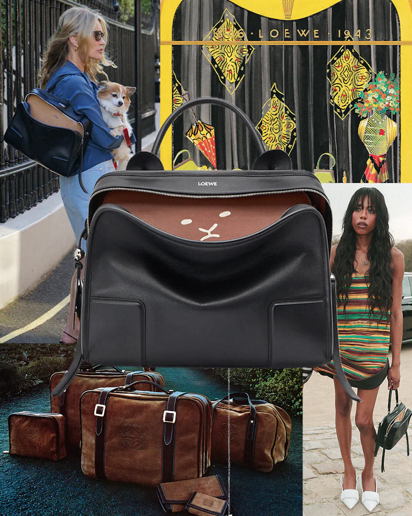 Clockwise from top: Kate Moss with her Amazona bag; illustration from the Loewe archive; True Whitak...