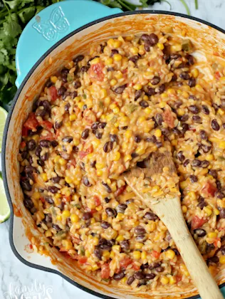 cheesy orzo with black beans and corn, in a story about canned black bean recipes