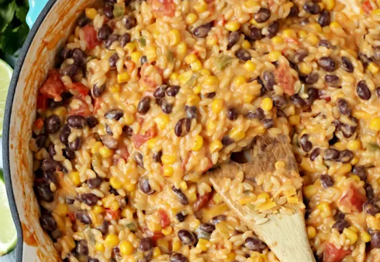 cheesy orzo with black beans and corn, in a story about canned black bean recipes