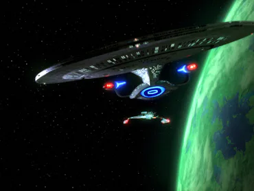 The Enterprise leaving the Klingon homeworld in "Redemption Part 1."