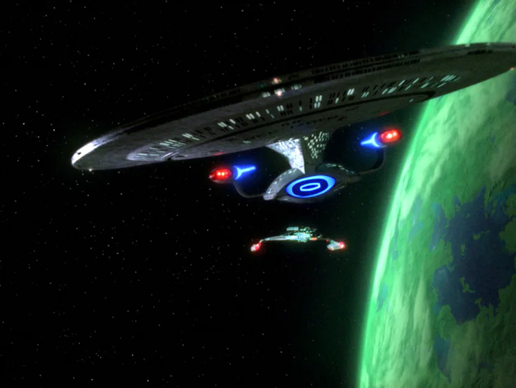 The Enterprise leaving the Klingon homeworld in "Redemption Part 1."