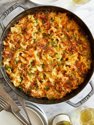tuna noodle casserole in a skillet, in a story about canned tuna recipes.