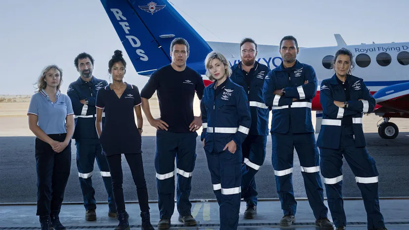 The cast of RFDS (Royal Flying Doctor Service). Photo via PBS