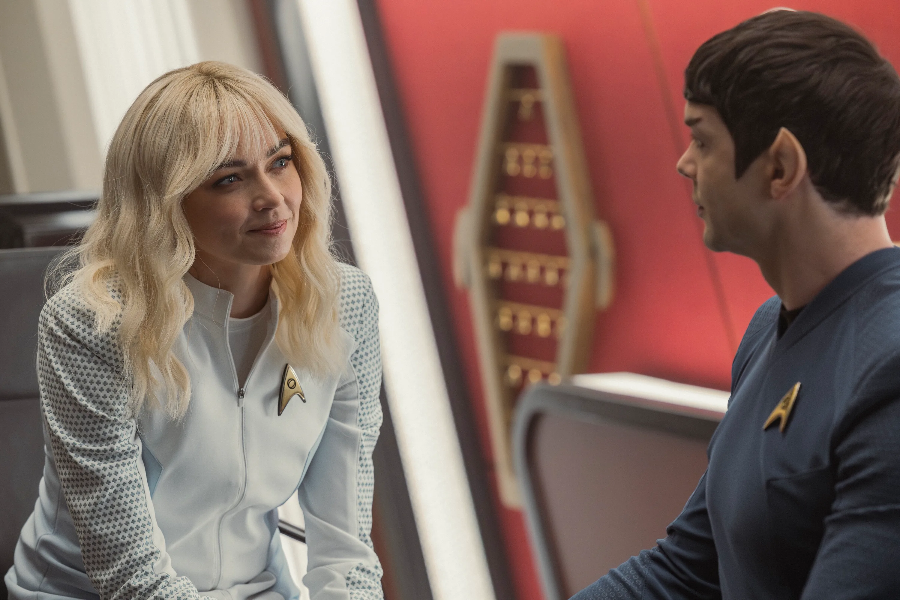 Jess Bush as Christine Chapel and Ethan Peck as Spock in season 4, episode 2, of Star Trek: Strange ...