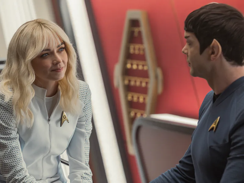 Jess Bush as Christine Chapel and Ethan Peck as Spock in season 4, episode 2, of Star Trek: Strange ...