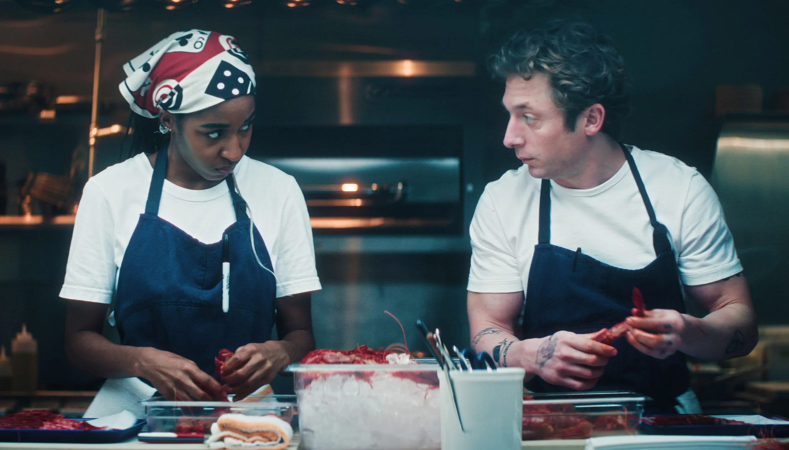 Ayo Edebiri and Jeremy Allen White as Sydney and Carmy on The Bear. Photo via FX