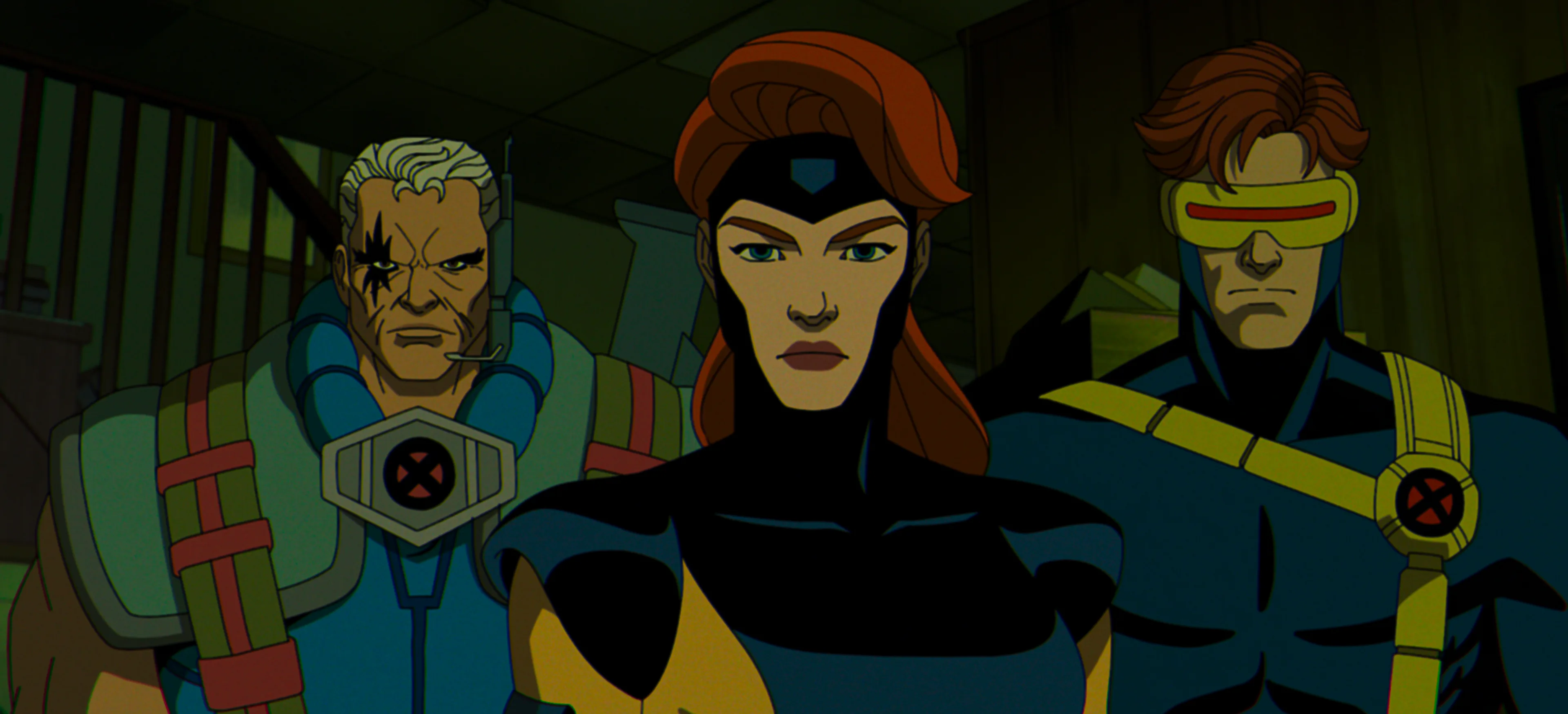 Cable (voiced by Chris Potter), Jean Grey (voiced by Jennifer Hale), and Cyclops (voiced by Ray Chas...
