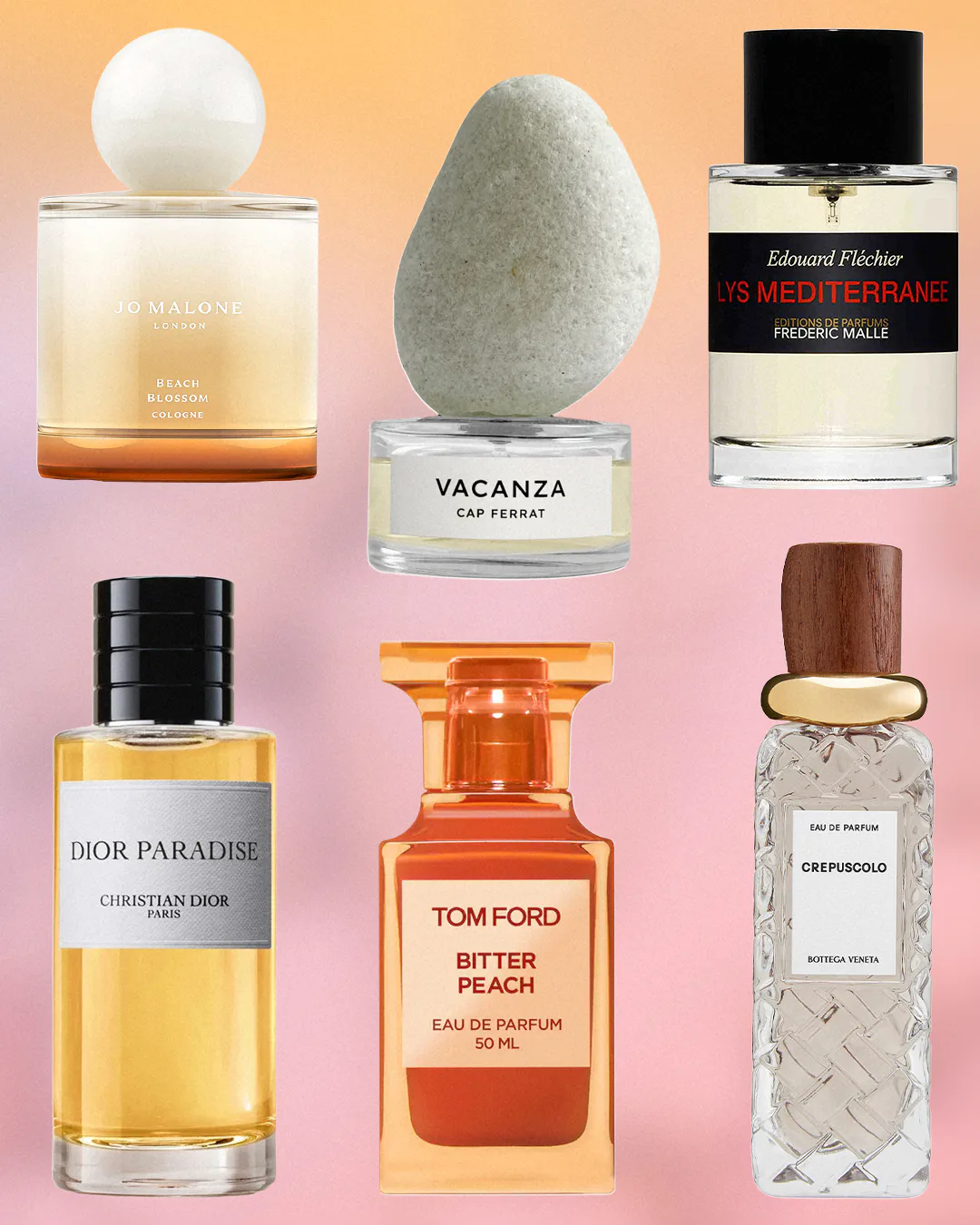 a collage of summer perfumes fragrances and scents