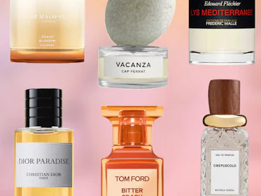 a collage of summer perfumes fragrances and scents