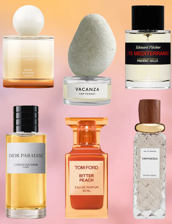 a collage of summer perfumes fragrances and scents