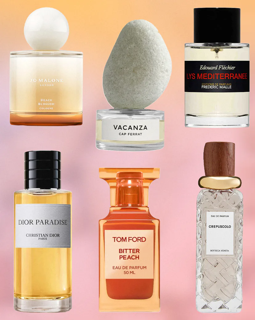 a collage of summer perfumes fragrances and scents