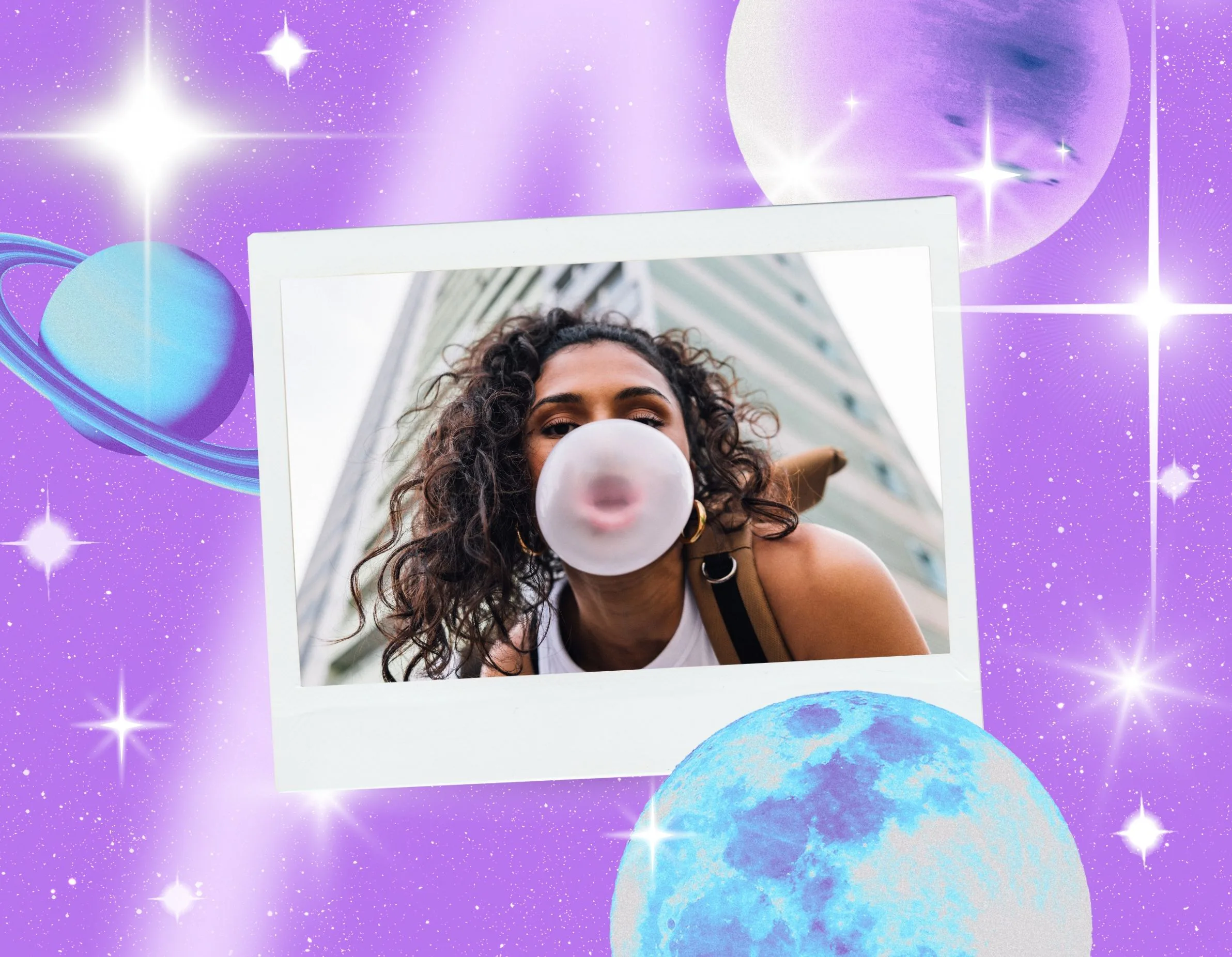 Young woman blowing a bubble before reading her July 2026 horoscope.