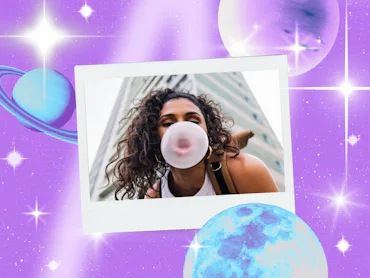 Young woman blowing a bubble before reading her July 2026 horoscope.