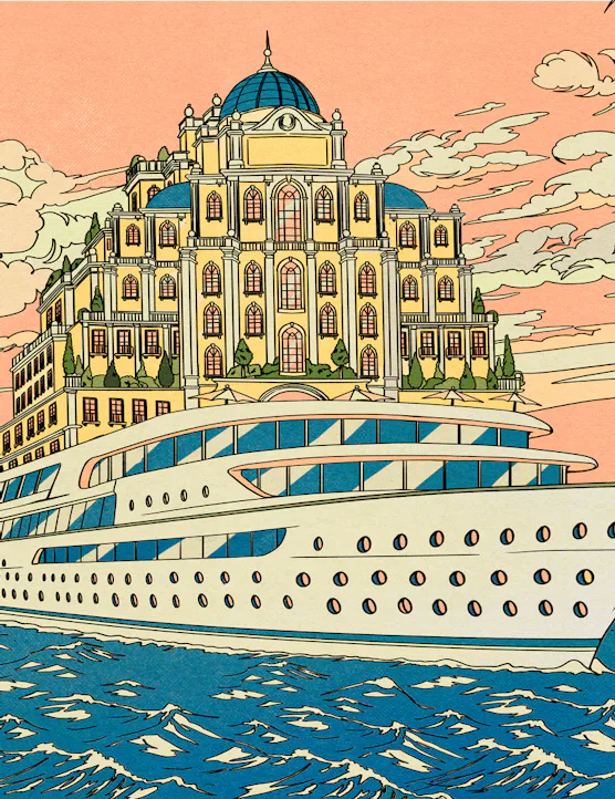 An illustration by María Jesús Contreras of a hotel on top of a boat