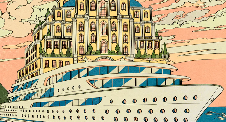 An illustration by María Jesús Contreras of a hotel on top of a boat