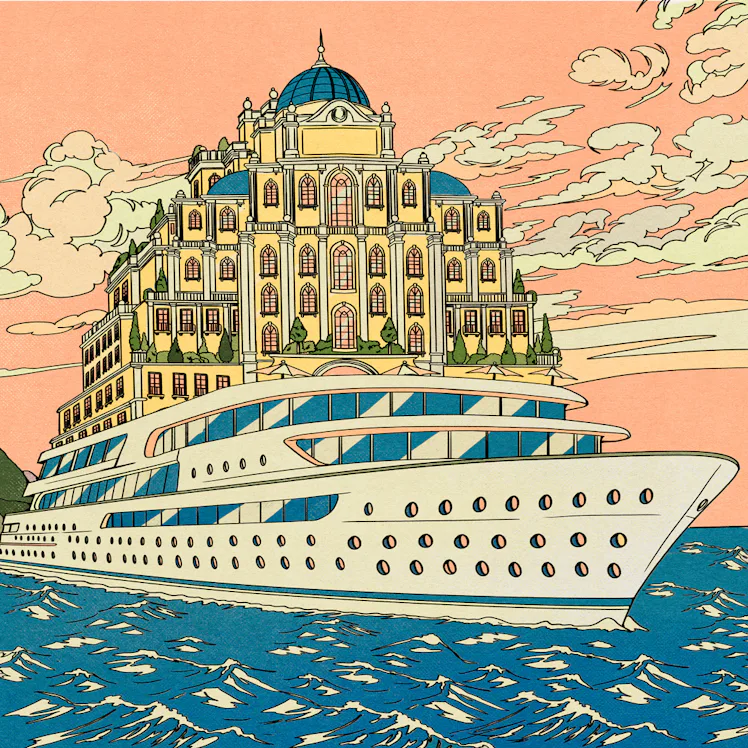 An illustration by María Jesús Contreras of a hotel on top of a boat