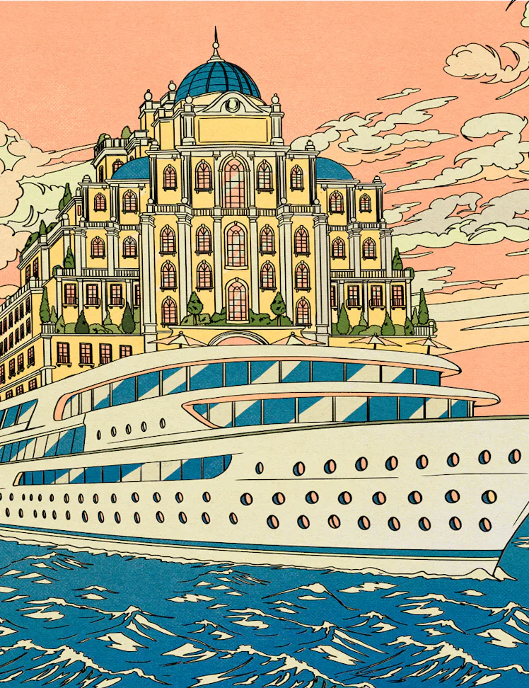 An illustration by María Jesús Contreras of a hotel on top of a boat