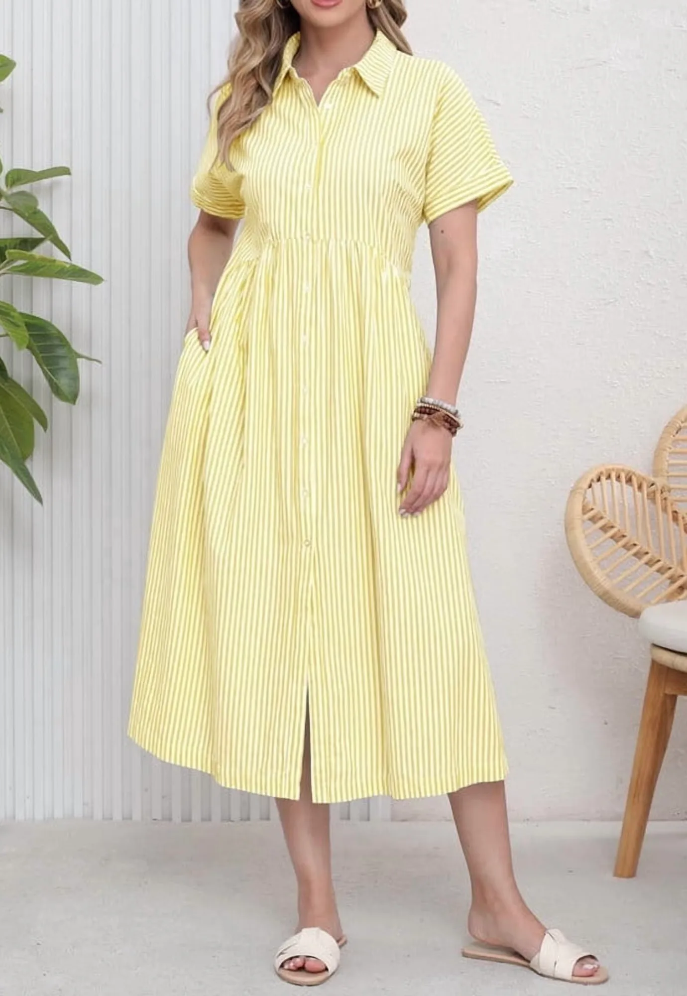 Striped Cotton Short Sleeve Shirt Dress
