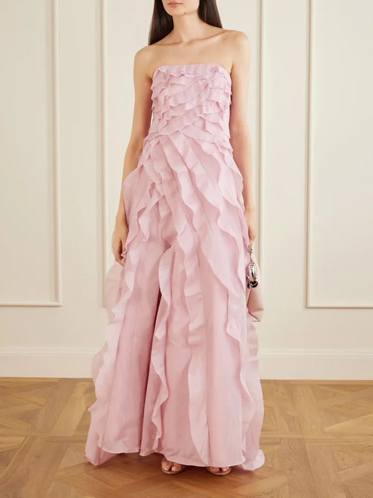 Allairie Strapless Ruffled Shirred Faille Gown