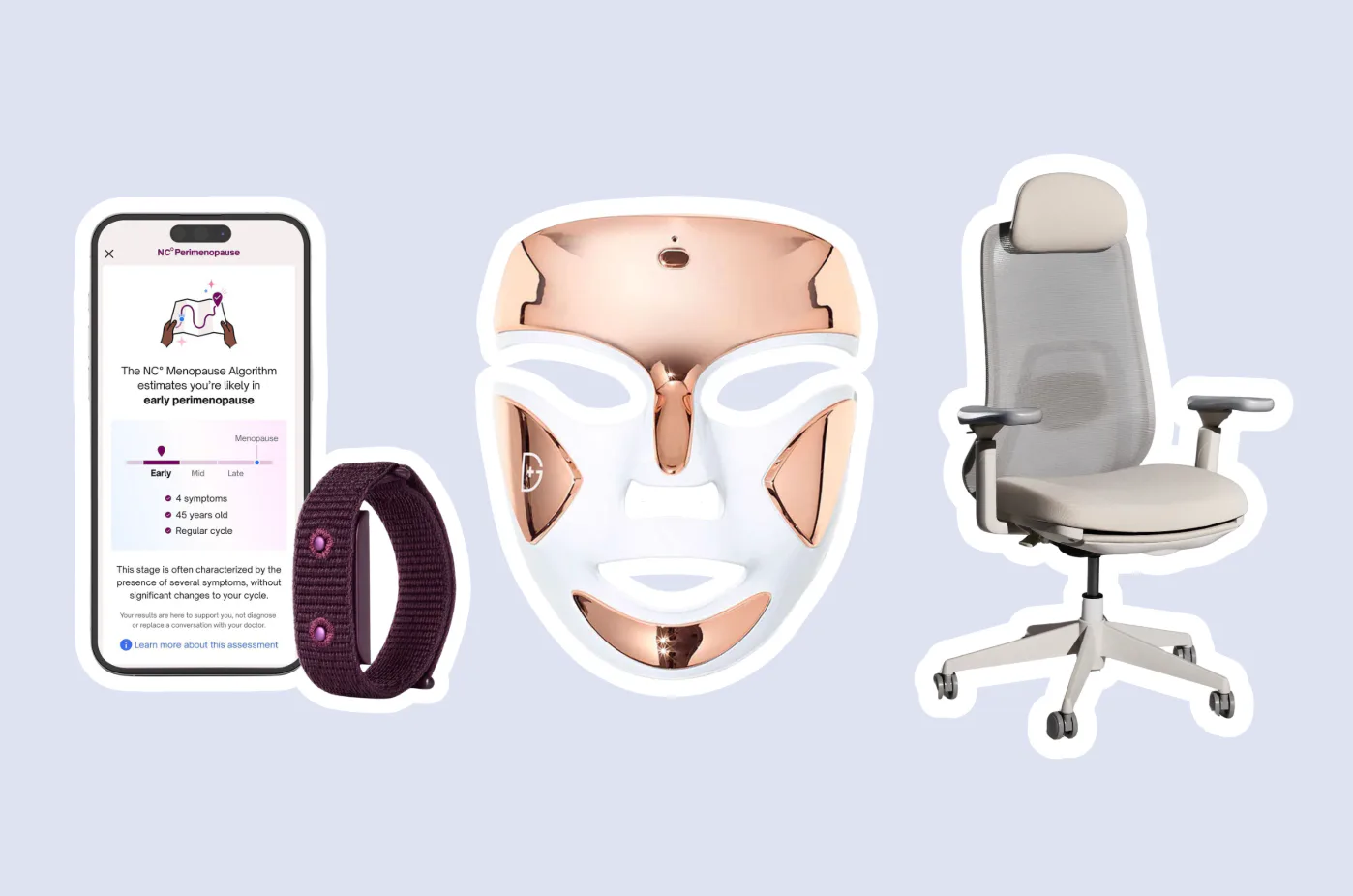 perimenopause tracker with app, a red light therapy mask, and ergonomic desk chair in a story about ...