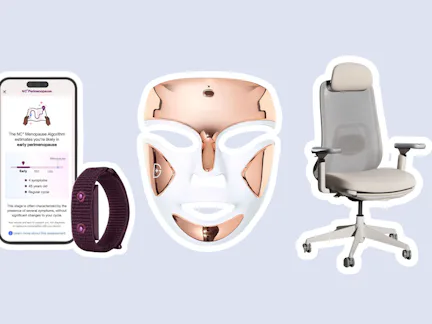 perimenopause tracker with app, a red light therapy mask, and ergonomic desk chair in a story about ...