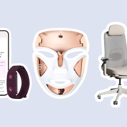 perimenopause tracker with app, a red light therapy mask, and ergonomic desk chair in a story about ...