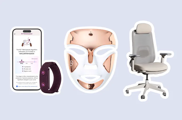 perimenopause tracker with app, a red light therapy mask, and ergonomic desk chair in a story about ...