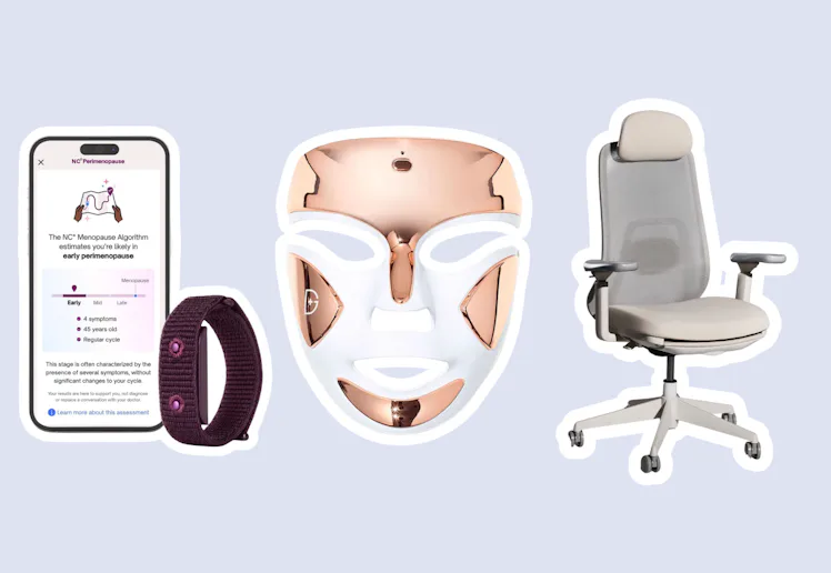 perimenopause tracker with app, a red light therapy mask, and ergonomic desk chair in a story about ...