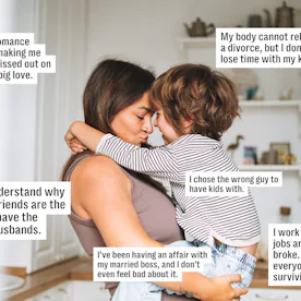 Mother and young child embrace in a kitchen; overlayed confessional text boxes reveal the mother's f...