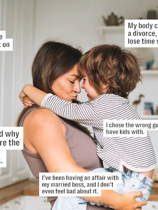 Mother and young child embrace in a kitchen; overlayed confessional text boxes reveal the mother's f...