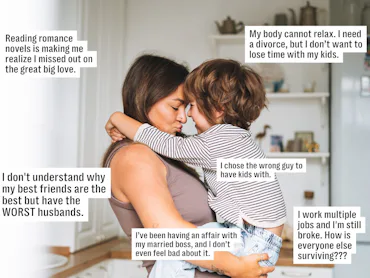 Mother and young child embrace in a kitchen; overlayed confessional text boxes reveal the mother's f...