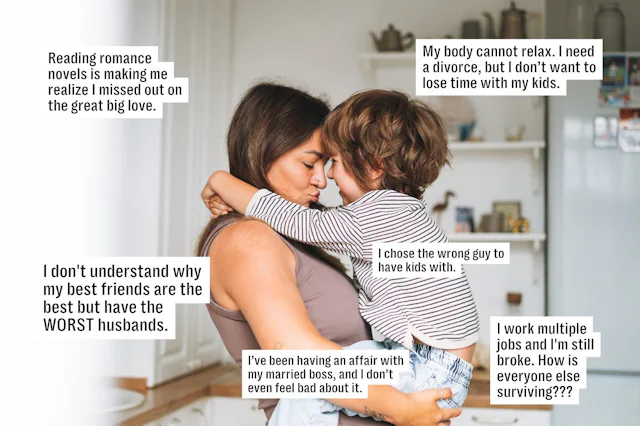 Mother and young child embrace in a kitchen; overlayed confessional text boxes reveal the mother's f...