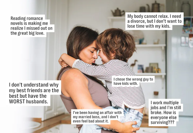 Mother and young child embrace in a kitchen; overlayed confessional text boxes reveal the mother's f...