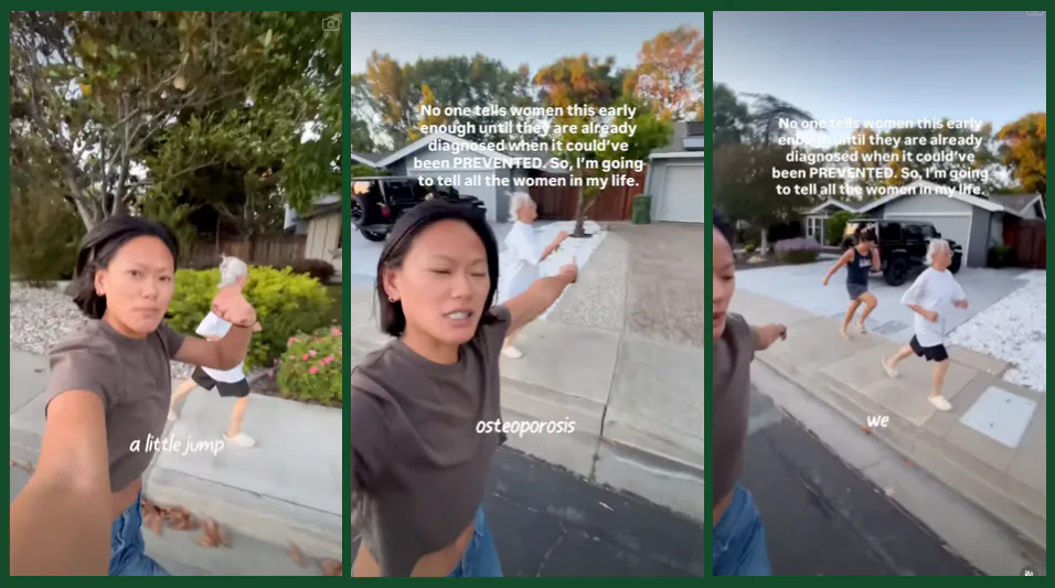 A woman and her older family members stomp around the block in an Instagram reel to prevent osteopor...